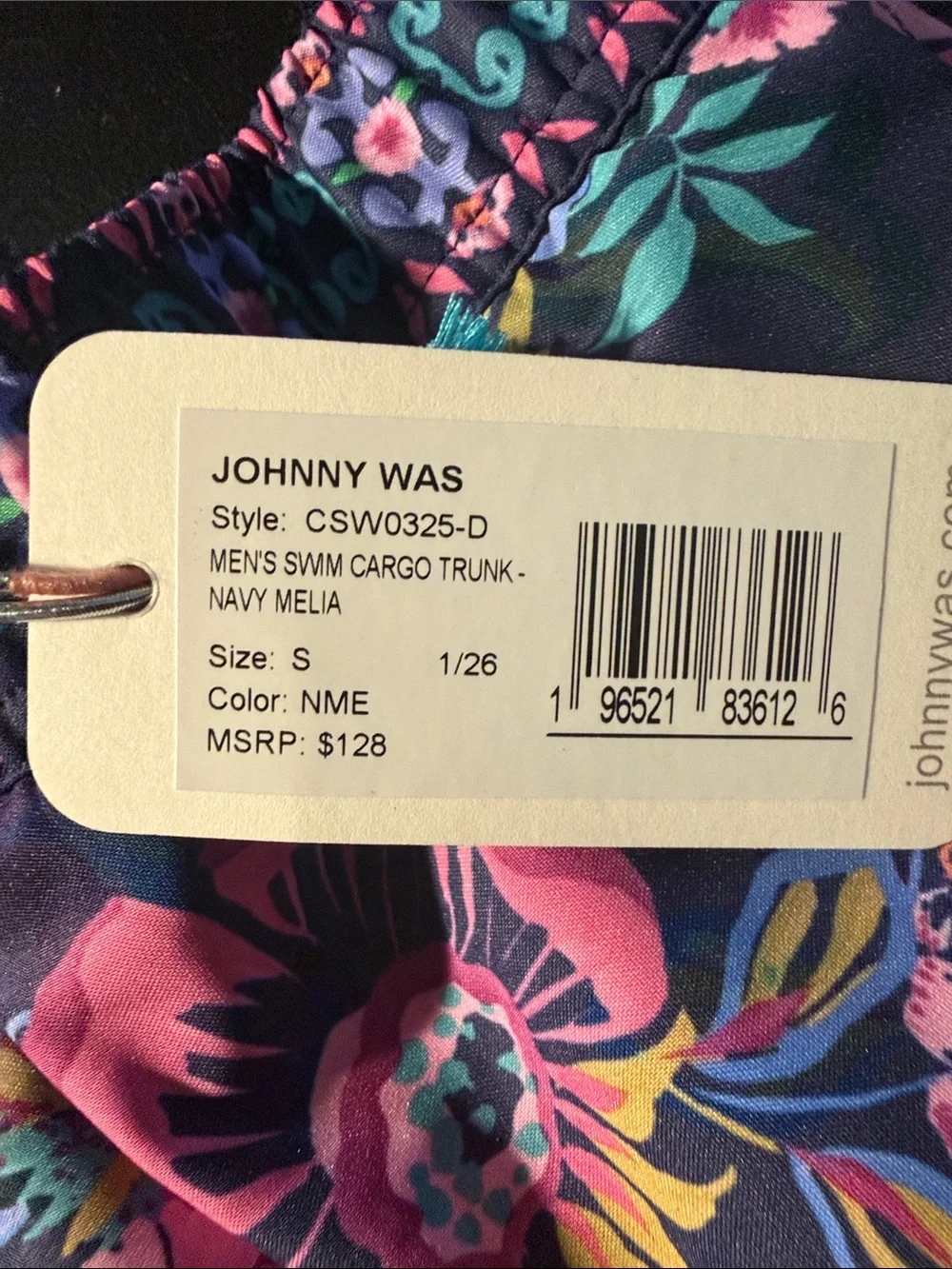 Johnny Was Floral Drawstring Swim Shorts in Navy with Pink & Green Flowers